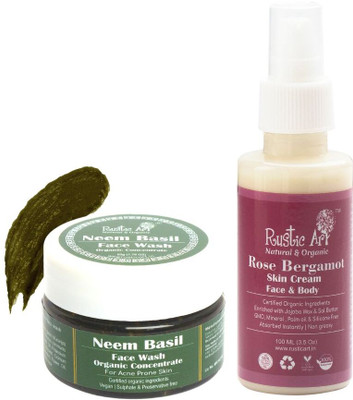 RUSTIC ART Organic Neem Basil Concentrate 50g +Rose Bergamot Skin Cream - Face & Body (100 ml) (2 Items in the set)(2 Items in the set)