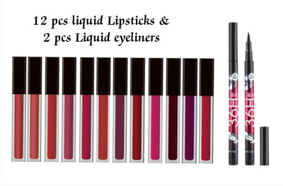 Yuvami's 12 pcs Non Transfer Waterproof Liquid Lipsticks With 2 pcs 36H Liquid Eyeliners(14 Items in the set)