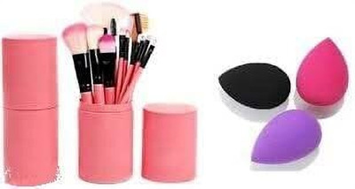 WEEPER 12 Pcs Soft Makeup Brush With Barrel Storage Box Black (Multicolor) & 3Pcs Makeup Blender Sponges Puff(Multicolor)(2 Items in the set)