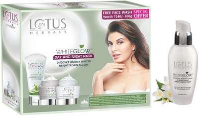 LOTUS HERBALS WhiteGlow Skin Whitening & Brightening DAY& NIGHT CREAM 60g with 3 in 1 FACEWASH & SERUM 30ml ( set of 4)(4 Items in the set)