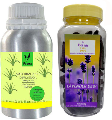 Veena Combo Natural Mosquito Citronella Diffuser 500 ml, With Dhoop Cones Lavender For Pooja(2 Items in the set)
