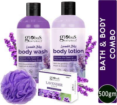 Globus Naturals Lavender Body Lotion , Soap & Body Wash Skincare Combo with Loofa(4 Items in the set)