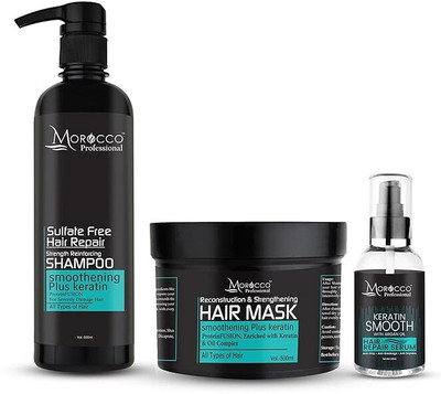 Morocco Professional Hair Care Set | Reconstruction & Strengthening Shampoo 500ml & Hair Mask 500ml + Keratin Smooth Repair Serum 100ml(3 Items in the set)