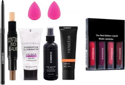 SUBHMUN Kajal Sponge Puff, Primer, Fixer, Foundation & Contour Stick & 4 pc Lipstick(7 Items in the set)