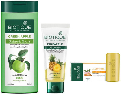 BIOTIQUE Green Apple Shampoo 180ml & Pineapple F.W. 100ml & Almond Oil Soap 150gm(3 Items in the set)