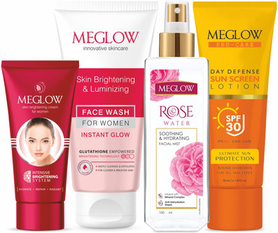 meglow Fairness Cream for Women 50g + Instant Glow Facewash 70g + Rose Water 100ml + Day Sunscreen SPF 30 50ml - Complete Skin Care Set(4 Items in the set)