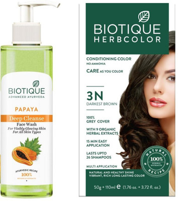 BIOTIQUE Papaya deep cleanse face wash 200Ml, Herbcolor Netural Brown 3N 50g + 110Ml combo of 2 (360 Ml)(2 Items in the set)