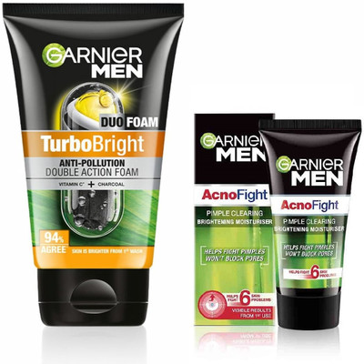 Garnier Men TurboBright Double Action Brightening & Anti-Pollution FaceWash-100g + Acno Fight Pimple Clearing Cream-45g(2 Items in the set)