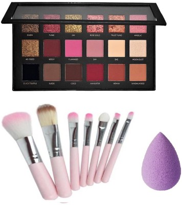 HOUSE OF COMMON Rose Gold Eyeshadow Palatte With 7 Pc Makeup Brush Set ( Pink / Black) And Blender Puff(3 Items in the set)