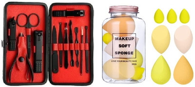 Lusty soul 12 in 1 Manicure Pedicure Stainless Steel Tool Kit with Portable Case Black & 7in1 Makeup Perfecting Sponge with Plastic Jar(8 Items in the set)