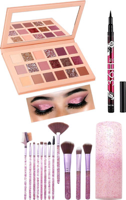 Mehaay cosmetics 18 colors Eyeshadow palette (Multi Color) + Make up brushes pack of 10 + Eyeliner(12 Items in the set)