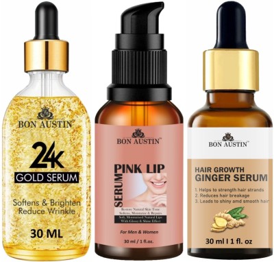 Bon Austin 24K Gold Face Serum & Pink Lip Serum & Hair Growth Ginger Serum (Each,30ml) Combo Pack(3 Items in the set)