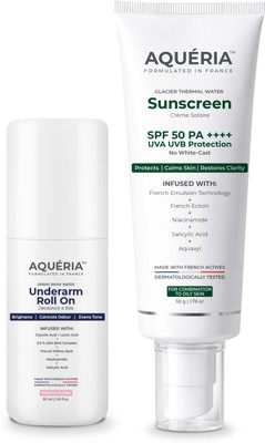 aqueria Daily Oil Control & Brightening Essentials Kit | French Sunscreen SPF 50 PA+++ (50g) & 5.5% AHA BHA Underarm Roll On (50ml)(2 Items in the set)