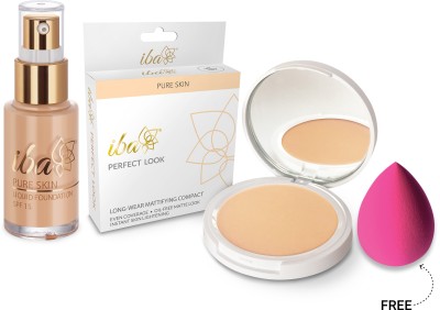 Iba Pure Skin Perfect Look Mattifying Compact (Medium Shell) + Liquid Foundation (Golden Beige) Combo + FREE Beauty Blender(3 Items in the set)