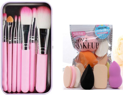 SMIETRZ Hello Kitty mini Pink brush set (Pack of 7) & Makeup puff(8 Items in the set)