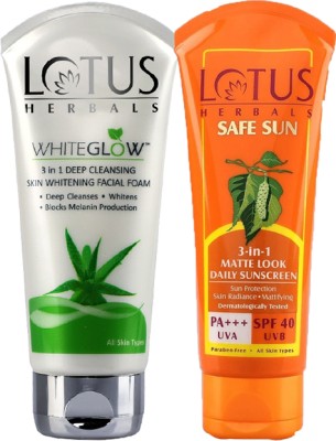 LOTUS HERBALS Safe Sun Sunscreen SPF 40_100g and Whiteglow 3 in 1 Facial Foam 100g(2 Items in the set)