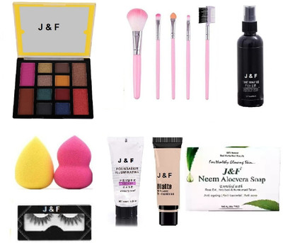 J & F 12 color Eyeshadow Palette, 5 pcs makeup brushes,Eyelashes ,Blender Puff(8 Items in the set)
