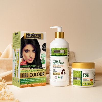 Indus Valley Natural Damage Free Gel Black Colour With Colour Protection Shampoo (200 ml) + Hair Ultima Spa (175 ml)(3 Items in the set) Indus Valley Natural Damage Free Gel Black Colour With Colour Protection Shampoo (200 ml) + Hair Ultima Spa (175 ml)(3 Items in the set)