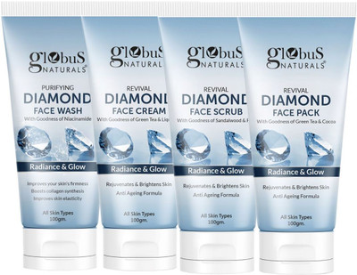 Globus Naturals Shine Boosting Diamond Face Care Combo - Face Wash, Face Cream, Face Scrub & Face Pack(4 Items in the set)