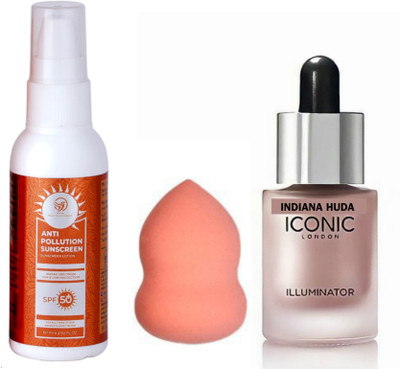 INDIANA HUDA Combo of Anti Pollution Sunscreen Lotion With Broad Spectrum (UVA & UVB)SPF 50+ AND ICONIC BLOSSOM HIGHLIGHTER & MAKEUP SPONGES(3 Items in the set) INDIANA HUDA Combo of Anti Pollution Sunscreen Lotion With Broad Spectrum (UVA & UVB)SPF 50+ AND ICONIC BLOSSOM HIGHLIGHTER & MAKEUP SPONGES(3 Items in the set)