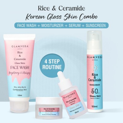 GLAMVEDA Korean Glass Skin Rice & Ceramide 4 Step Daily Skincare Routine For Women| 4 Items with Premium Gift Box(4 Items in the set)