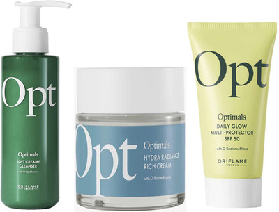 Oriflame Sweden Optimals Soft Creamy Cleanser-150ML.Hydra Radiance Rich Cream-50ML.With Daily Glow Multi-Protector SPF50-{30ML.}(3 Items in the set)