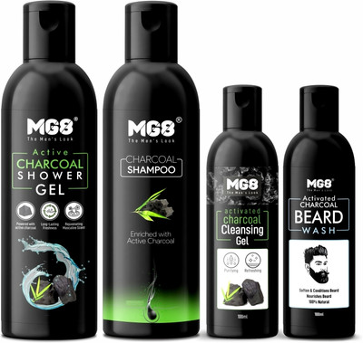 MG8 Ultimate Charcoal Power (Charcoal Shampoo 250ml+Charcoal Shower gel 250ml+Beard Wash 100ml+ Face Cleansing Gel 100ml)(4 Items in the set)