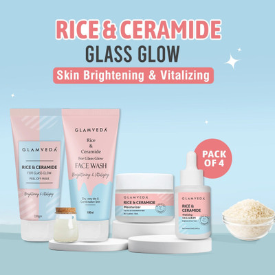 GLAMVEDA Glass Skin Rice & Ceramide Skincare Routine|Facewash+Cream+Peel Off Mask+Serum(4 Items in the set)