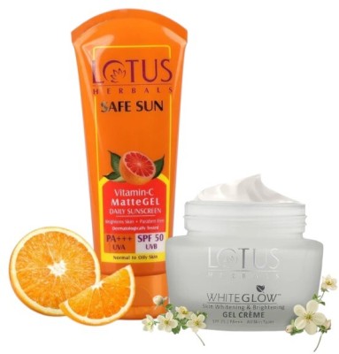 LOTUS HERBALS WhiteGlow Skin Brightening Gel Crème SPF 25 PA+++40G, Safe Sun Vitamin-C MatteGEL Sunscreen SPF 50 100G(2 Items in the set)