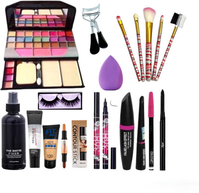 Mehaay cosmetics 5 Pc brushes + 3 in 1 kit + Eyeliner + Foundation+ Primer and contour with Eyelashes and Curler(18 Items in the set)