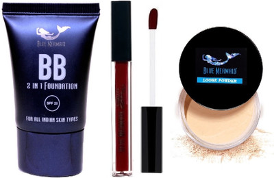 BLUEMERMAID FOUNDATION+LOOSE POWDER+LIPSTICK MAKEUP COMBO(3 Items in the set)
