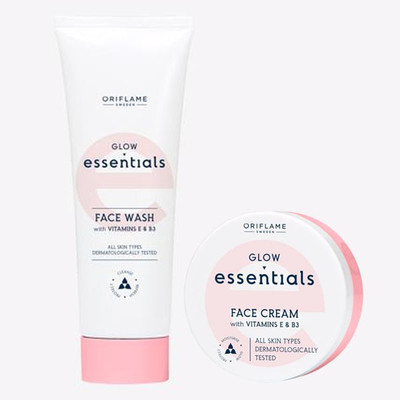 Oriflame ESSENTIALS Glow Essentials Face Cream with Vitamins E & B3 75 ml , Glow Essentials Face Wash with Vitamins E & B3 125 ml(2 Items in the set)