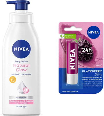 NIVEA NATURAL GLOW BODY LOTION 400 ML & BLACKBERRY SHINE LIP BALM 4.8G(2 Items in the set)