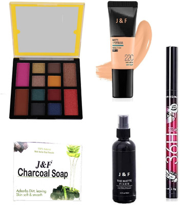 J & F 12 Color Eyeshadow,Foundation,Charcoal Soap,Eyeliner,Fixer(5 Items in the set)