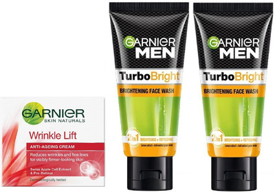 GARNIER Men Turbo Bright Brightning 2 PCS Face Wash 50g + Anti Ageing Wrinkle Cream 18g(3 Items in the set)