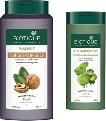 BIOTIQUE Walnut Volume & Bounce Shampoo 340ml & Watercress Conditioner 180ml (Pack of 2)(2 Items in the set)