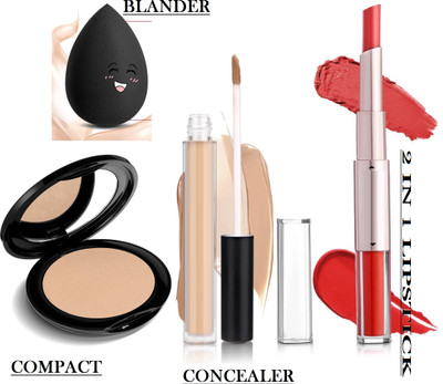 KAIASHA BEST MAKEUP COMPACT POWDER AND WATERPROOF LIQUID CONCEALER WITH 2 IN 1 LIPSTICK AND BEAUTY BLANDER(1 Items in the set)