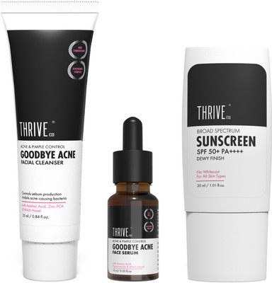 ThriveCo Acne-Free Sun Defense Kit(Anti-Acne Serum + Face Wash + SPF 50 PA++++ Sunscreen) (3 Items In The Set) For Rs. 224 @ 76 %