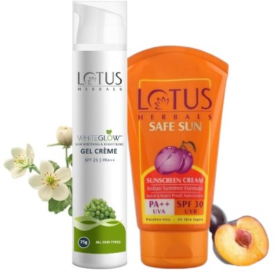 LOTUS HERBALS WhiteGlow Skin Brightening Gel Creme SPF 25 PA+++ 75g with Safe Sun Sunscreen Cream SPF 30 PA++ 50g(2 Items in the set)