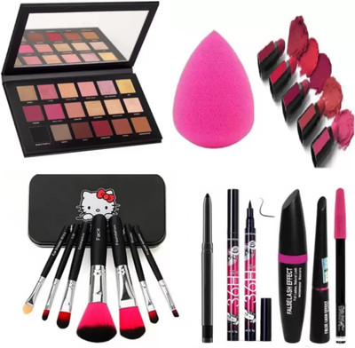 SUBHMUN EYESHADOW PALETTE , 5 IN 1 MATTE LIPSTICK , 7 PCS MAKEUP BRUSH COMBO , 3 IN 1 MASCARA COMBO , 36H EYELINER(15 Items in the set)