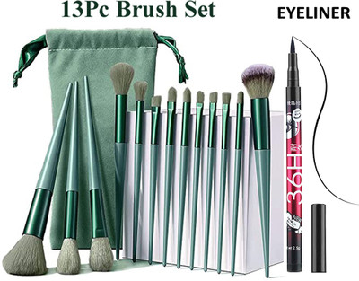 POMORA 13pc Premium Makeup Brushes With Cloth Pouch + 36H Liquid Eyliner| Eyeshadow Brush| Multicolor(14 Items in the set)