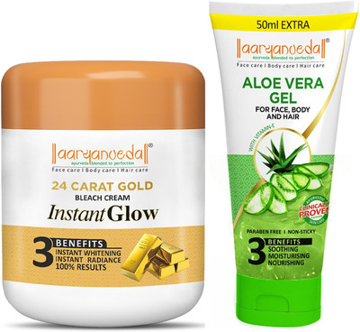 Aaryanveda Gold Bleach Cream For Glowing Skin & Removing Uneven Patches - 400 g and Aloe Vera Gel for Soothing & Nourishing Skin - 100 g(2 Items in the set)