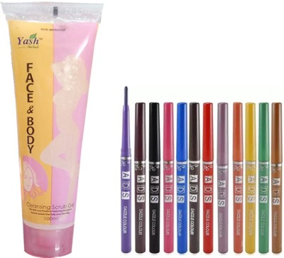 Yash Herbal NEW IMPROVED Face & Body Celansing Scrub Gel (100ml) with 3 in 1 Auto Color Kajal, Eye & Lip Pencil (Pack of 12)(13 Items in the set)