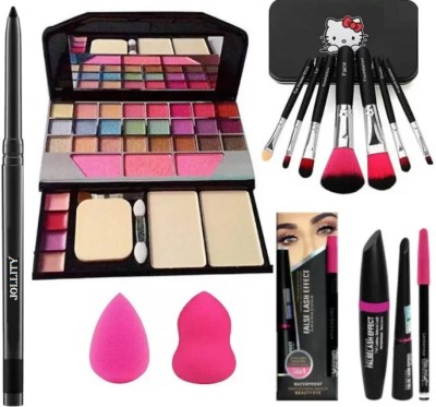 Jollity Kajal & TYA 6155 Makeup Kit & 3in1 Eyeliner , Mascara , Eyebrow Pencil & 7 Makeup Brush & 2 Sponge Puff (14 Items in the set)(14 Items in the set)