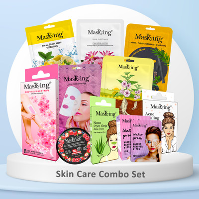 MasKing skin and face care combo gift set kit, facial sheet mask, nail polish & make up remover, nose pore strip, wax strip & acne patch(10 Items in the set)