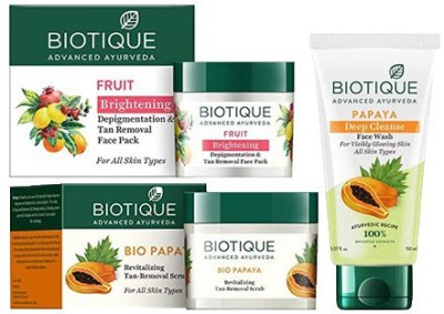 BIOTIQUE Papaya Exfoliating Face Wash,Papaya Revitalizing Tan Removal Scrub, Fruit Whitening And Depigmentation Face Pack(3 Items in the set)