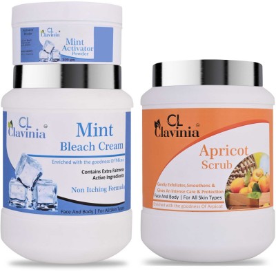 CLAVINIA Mint Bleach Cream 1 Kg + Apricot Scrub 1000 ml ( Pack Of 3)(3 Items in the set)