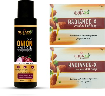 Subaxo Herbal Red Onion Hair Oil 100 ml & Radiance-X Bath Soap 2 Pc Each 75 G(3 Items in the set)