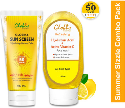 Globus Remedies Summer Sizzle Set - Glosika Sunscreen Lotion SPF 50++ 100 ml & Vitamin C & Hyaluronic Acid Face Wash 100 ml(2 Items in the set)