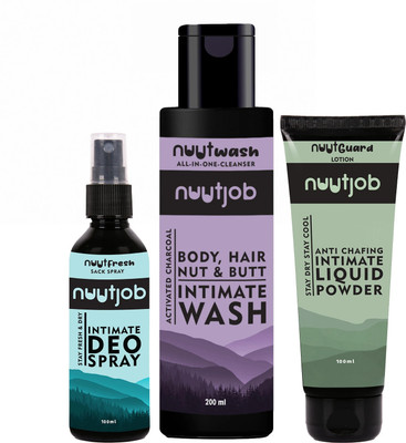 Nuutjob Men Intimate Grooming & Hygiene 400ml Combo Pack. Intimate Wash + Liquid Powder + Intimate Deo Spray With Plant Extracts(3 Items in the set)
